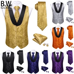 Barry.Wang Silk Men Shawl Collar Vest Jacquard Paisley Floral Waistcoat Tie Hanky Cufflinks Set Sleeveless Jacket Wedding Office