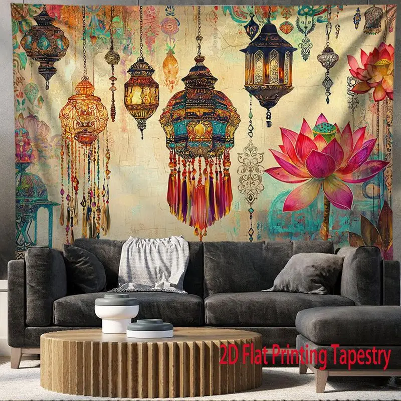 VIKAMA Bohemian Lantern Lotus Tapestry Vintage Exotic Chandelier Floral Wall Hanging Bedroom Living Room Decor