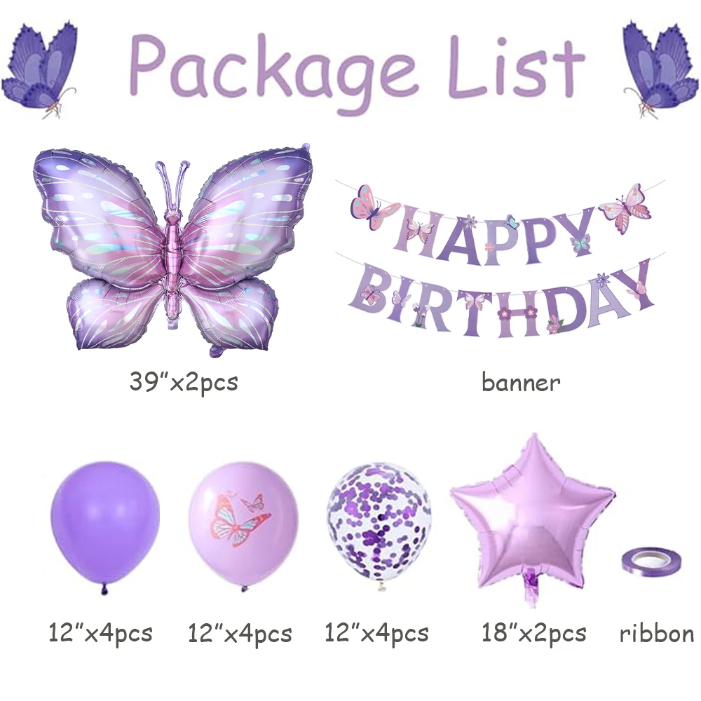 18PCS Purple Butterfly Balloons with Happy Birthday Banner Set Fairy Wings Butterfly Foil Globos for Girls Birthday Party Decor