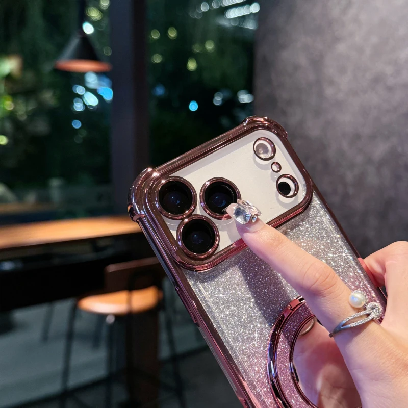 Plating Four Corner Shockproof Gradient Glitter TPU Makeup Mirror Holder Phone Case For iPhone 17 Pro Max/17/17 Pro Bumper Cover - náhled 6