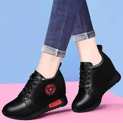 Women Leather Platform Sneakers Waterproof Wedges Vulcanized Shoes Lace-up Sneakers Comfortable Round Toe Non-slip Casual Shoes