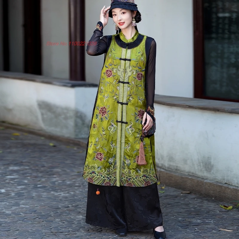 2025 chinois vintage hanfu hauts traditionnel satin jacquard col montant gilet rétro fleur broderie folk gilet sans manches veste
