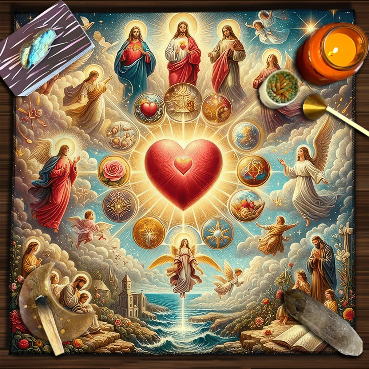 50/75/110/137cm Tarot mat Sacred Heart Celestial Symbols Tarot Tablecloth Altar Cloth Mystical Astrology Divination Cloth Tarot