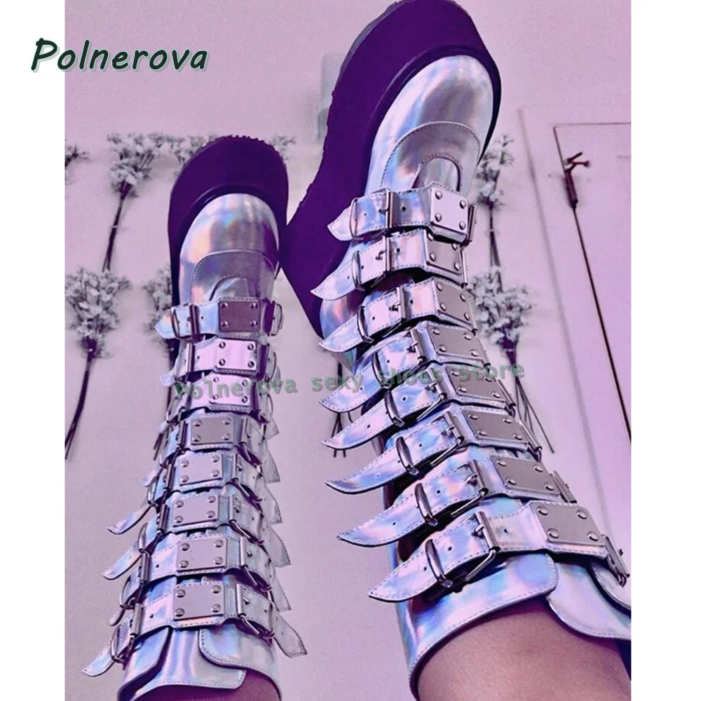 Metal Belt Buckle Platform Motorcycle Boots Round Toe Wedge Patchwork Punk Dark Y2K Knee High Boots Subculture Style 2025 Newest view 6