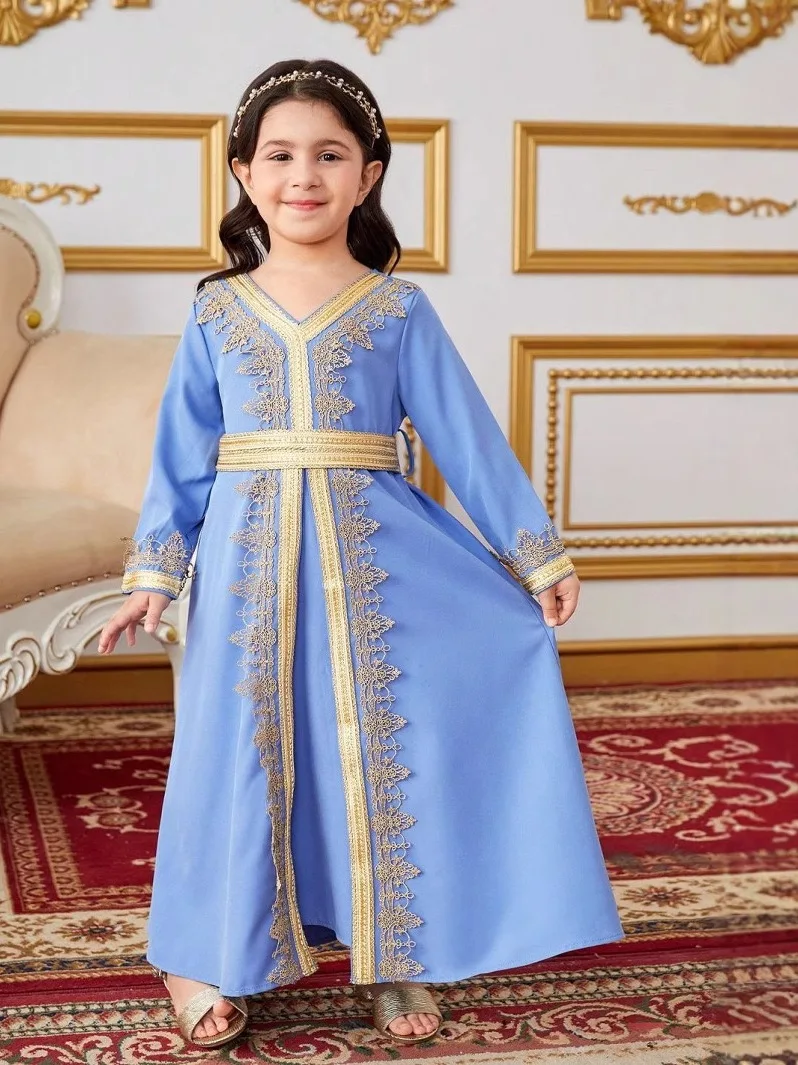 Vestido Longo Infantil Feminino com Renda e Cinto para Viagem, Roupa Étnica Feminina de Primavera, Traje de Palco, Vestuário ...