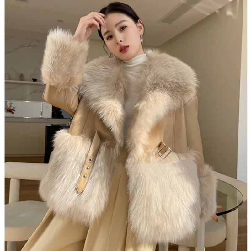 2022 Winter Women\'s Luxury Faux Fur Jacket Korean Lady Graceful Loose Warm Thick PU Leather Coats Personality Outerwear Female