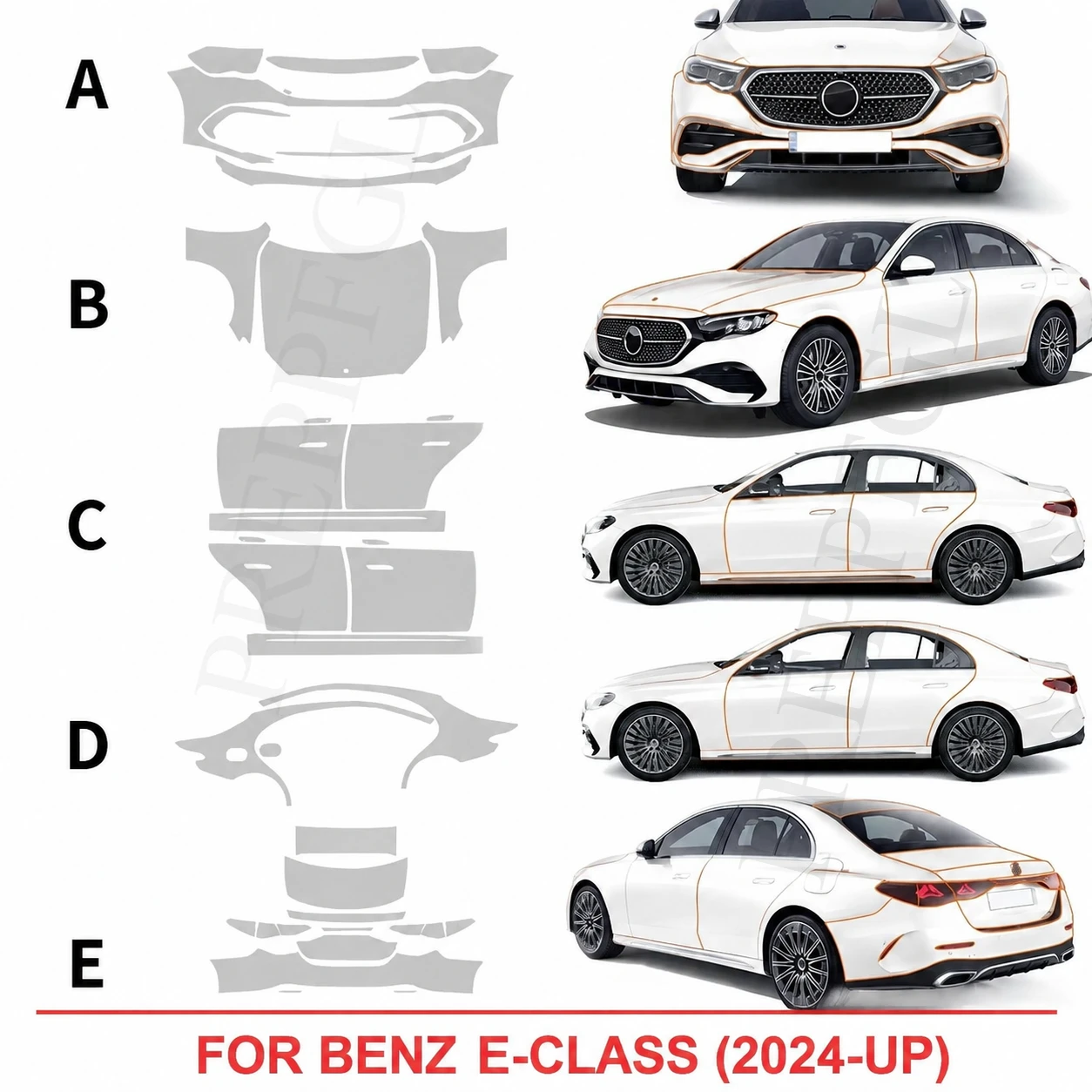 Für Mercedes Benz E-Klasse W214 2024 2025 Vorgeschnittene TPU Klare PPF Autolackschutzfolie Kratzschutz Reparierbar Widerstandsfähig