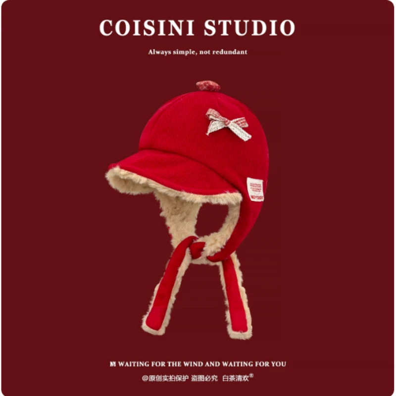 

Японская плюшевая летающая шапка с милым бантом и мягкими полями для женщин, зимняя флисовая защита ушей, теплые ремни, шапки-бомберы