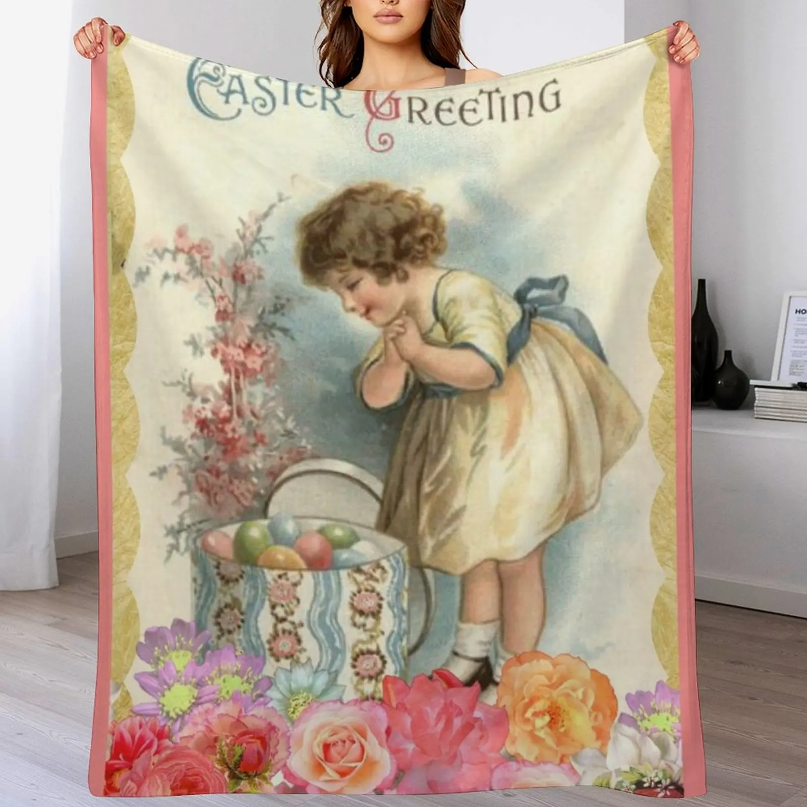 

Vintage Easter Egg And Pink Spring Floral -Easter Greetings Throw Blanket Large Bed Thermals For Travel Blankets