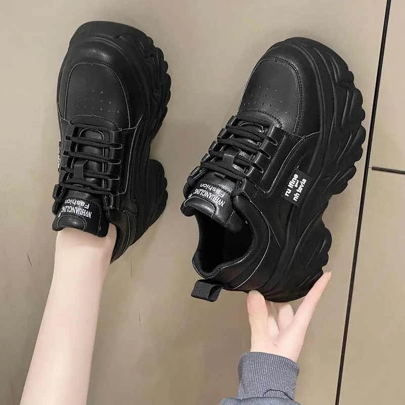 Leather White Black Chunky Sneakers Women Light Spring Autumn Thick Bottom Casual Tennis Fashion PU Platform Sneakers Ladies