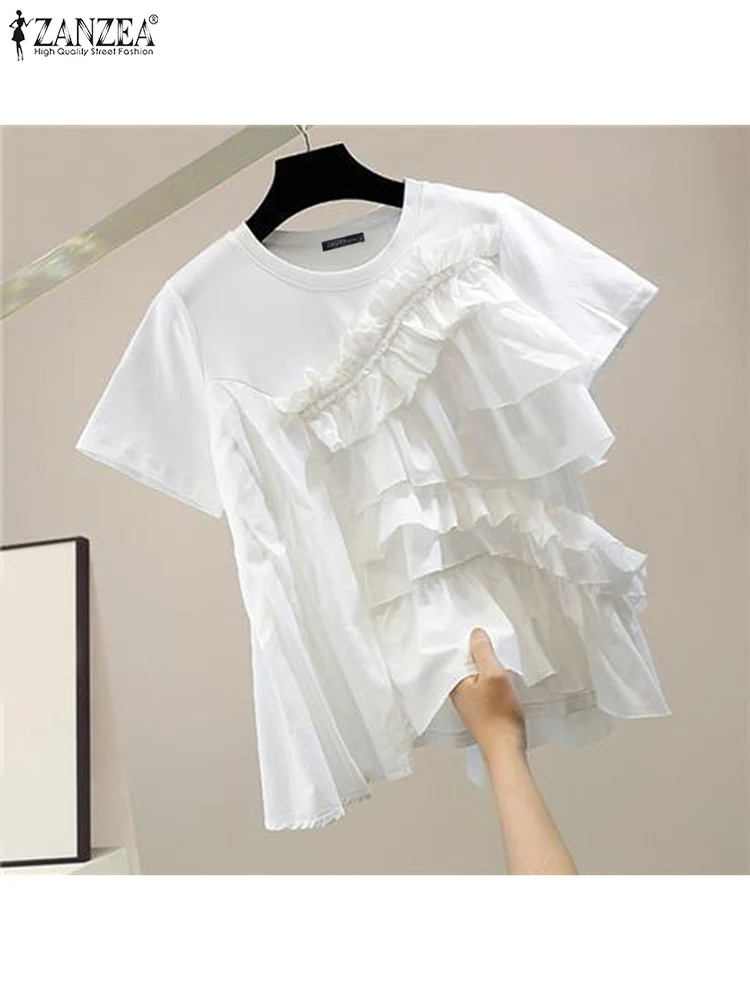 ZANZEA Summer Office Work Shirts Women Elegant Short Sleeve White Blouse Stylish Flounce Work Tops Casual Solid Blusas Tunic