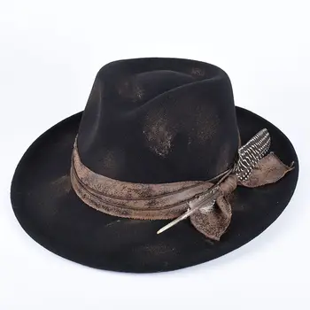 Vintage Fjäder Fedora Filthatt Dam Herr Gentlemanhattar Nya 2025 Höst Casual Bred Brätte Svart Cylinderhatt Brittisk Herr Jazzkeps 10 best sales Fedora hat man - №7