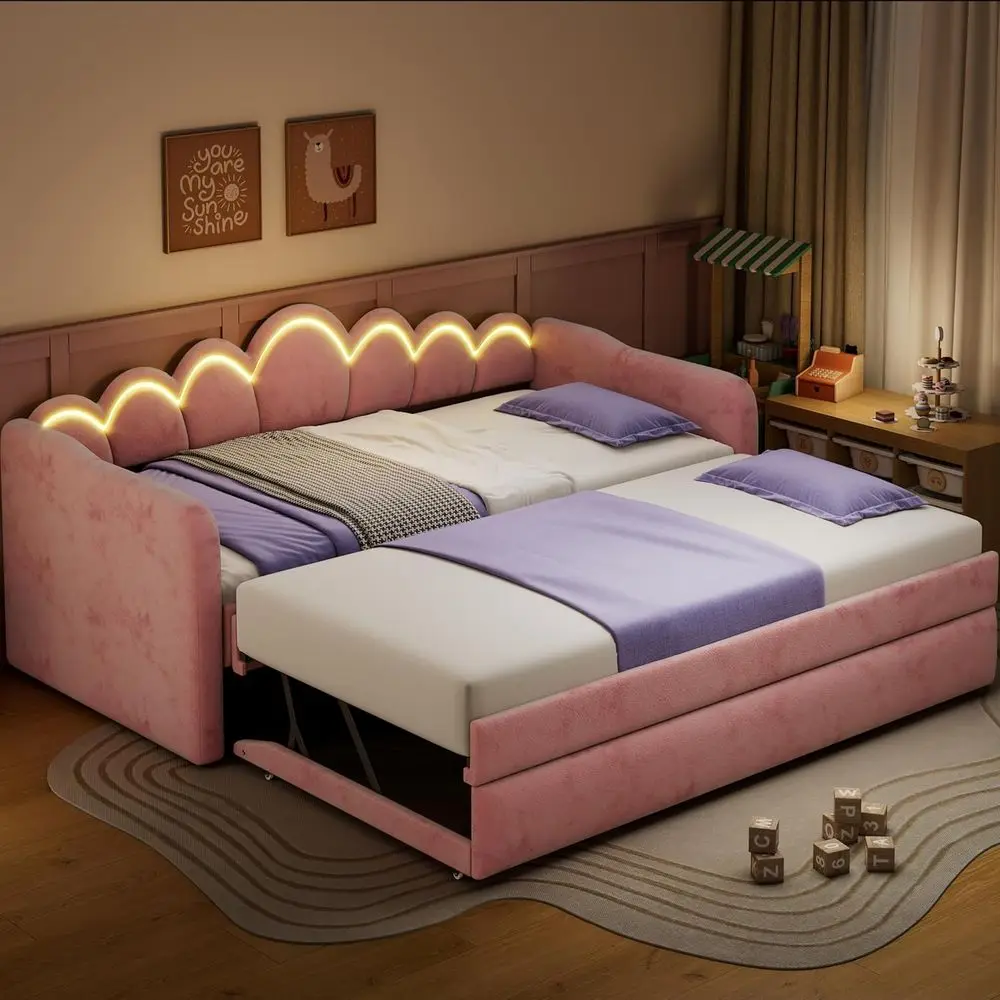 Sofá Cama Doble XL con Cama Nido Extraíble, Sofá Cama con Iluminación LED, Sofá Cama de Terciopelo para Dormitorio o Sala de Estar, Convertible de Doble XL a King, Color Rosa