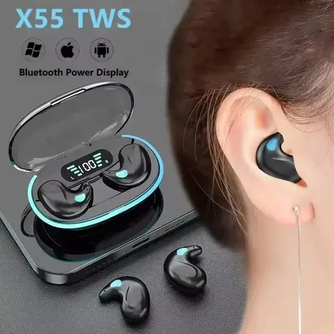 X55 Auricolari per dormire Mini cuffie wireless per lavoro TWS Auricolare Bluetooth Cuffie stereo nascoste con microfono Chiamata HD Impermeabile