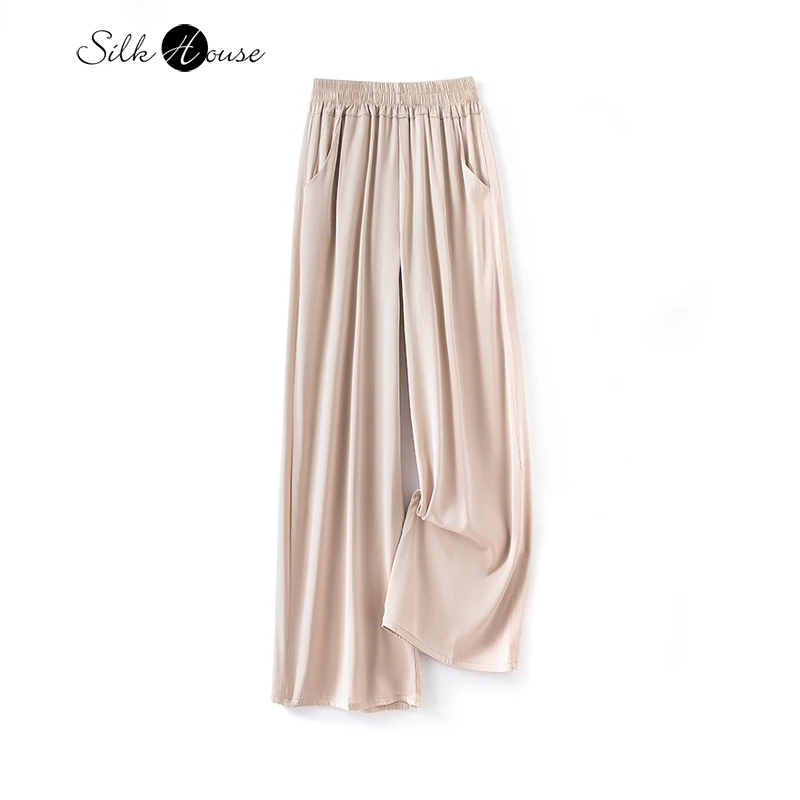 2024 Women's Fashion Spring/Summer New Commuter 96%Natural Mulberry Silk Elastic Double Qiao Beige Wide Leg Casual Pants