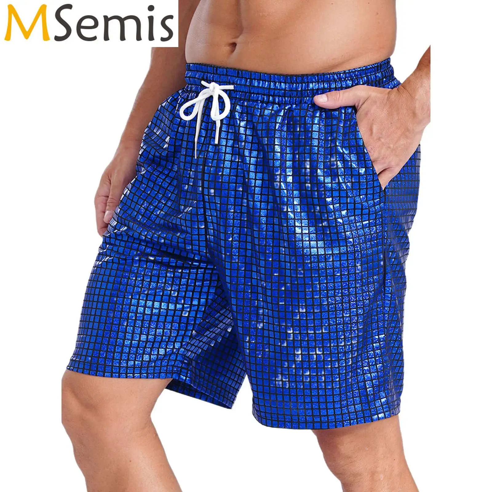 Swimwear Mens Checkerboard Metallic Shiny Boxer Shorts Drawstring Elastic Waistband Pockets Loose Beach Shorts Loungewear Shorts