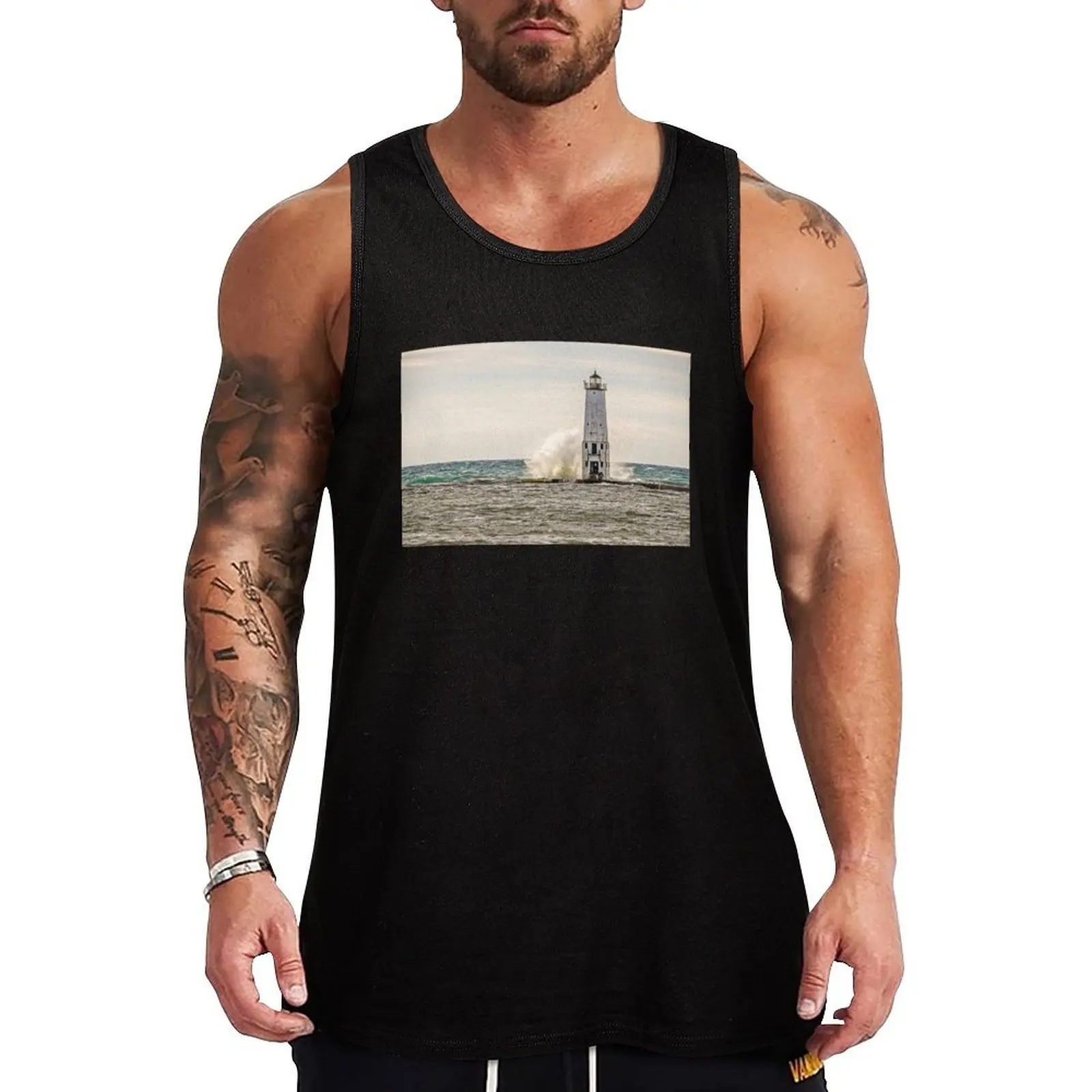 Camiseta sin mangas informal de playa con estampado de olas grandes golpeando el mar, estilo Frankfort, corte holgado, sin mangas, para verano
