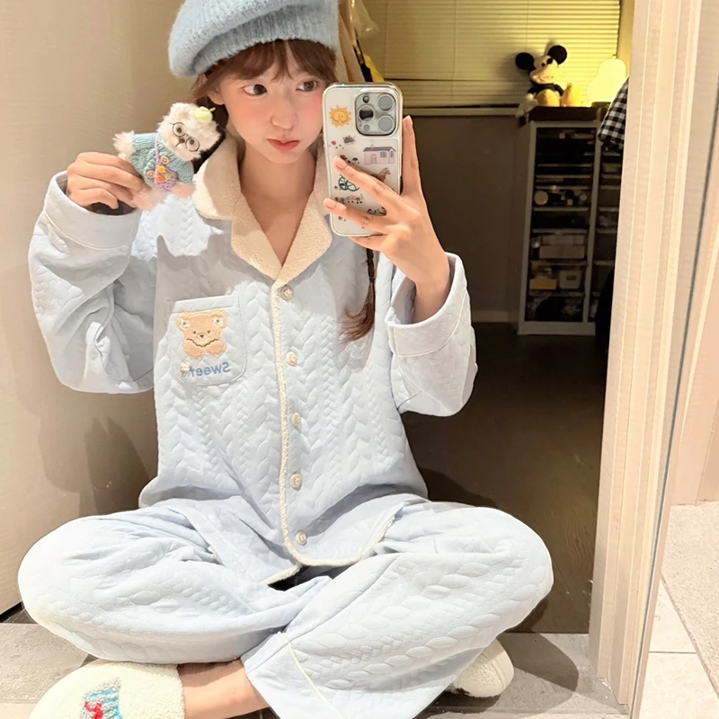 

Pajama Sets Purple Women Fall Winter Microfiber Floral Long Sleeved Hooded Drawstring Full Length Warm Thick Sleepwear Thermal