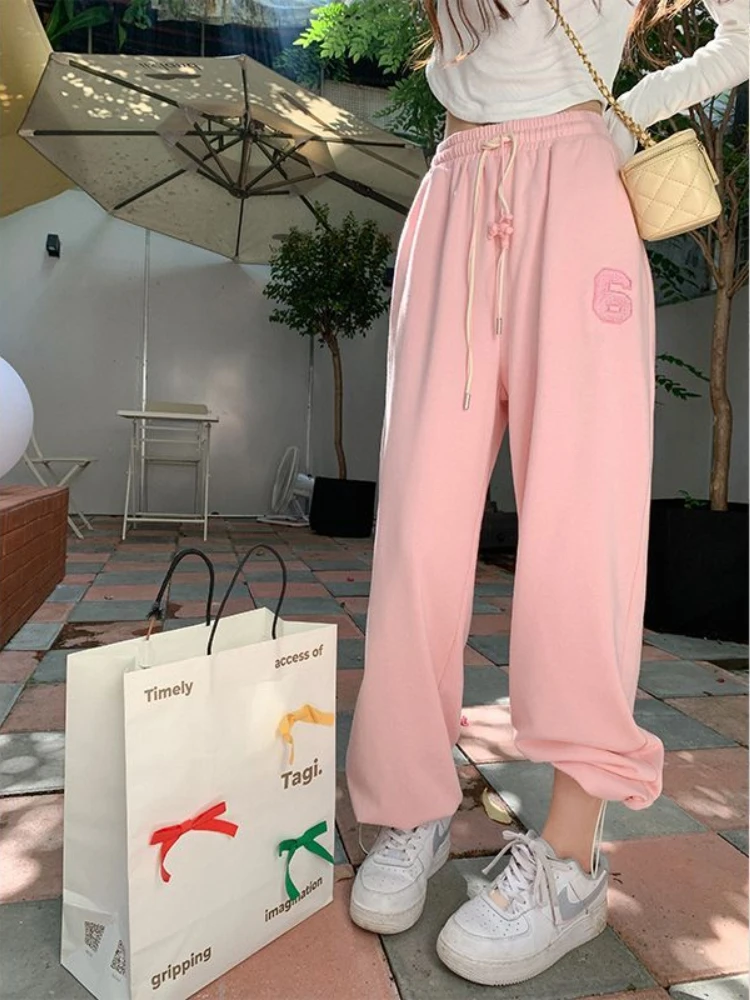 HOUZHOU-pantalones de chándal de moda coreana para mujer, pantalones deportivos de gran tamaño con estampado de letras Kawaii, informales, color rosa