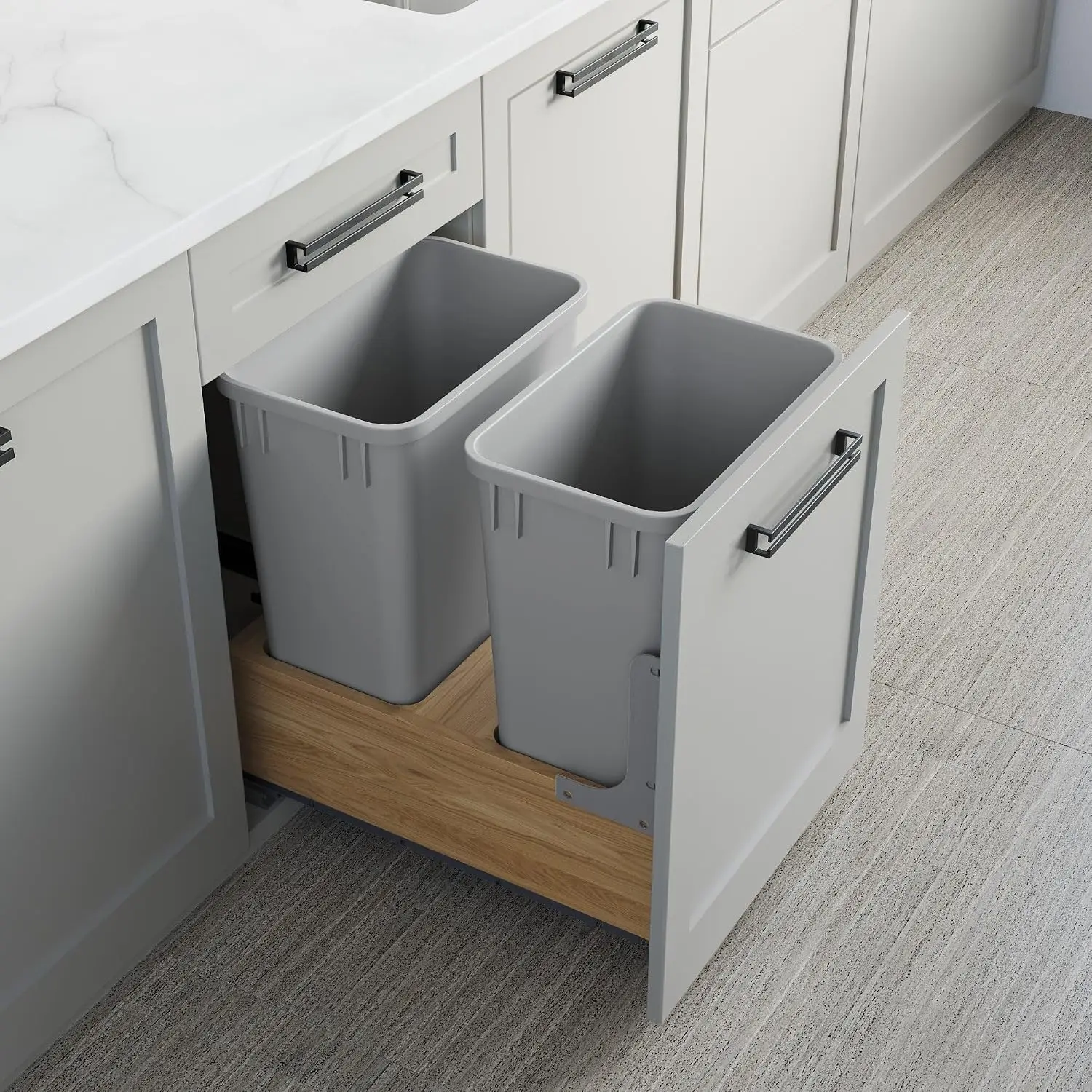 Wood‑Base Under‑Cabinet Pull‑Out Wastebasket, Dual 35Qt Removable Plastic Bins, Soft‑Close Full‑Extension Slide Trash & Recycling System for Kitchen Base Cabinet Installation