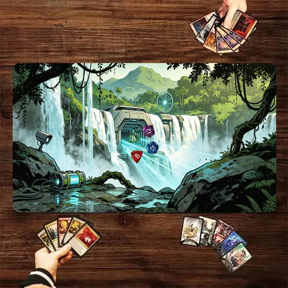60X35cm Sci‑Fi Jungle Waterfall Secret Base TCG Playmat Non‑Slip Rubber Trading Card Game Table Pad For Card Game Players