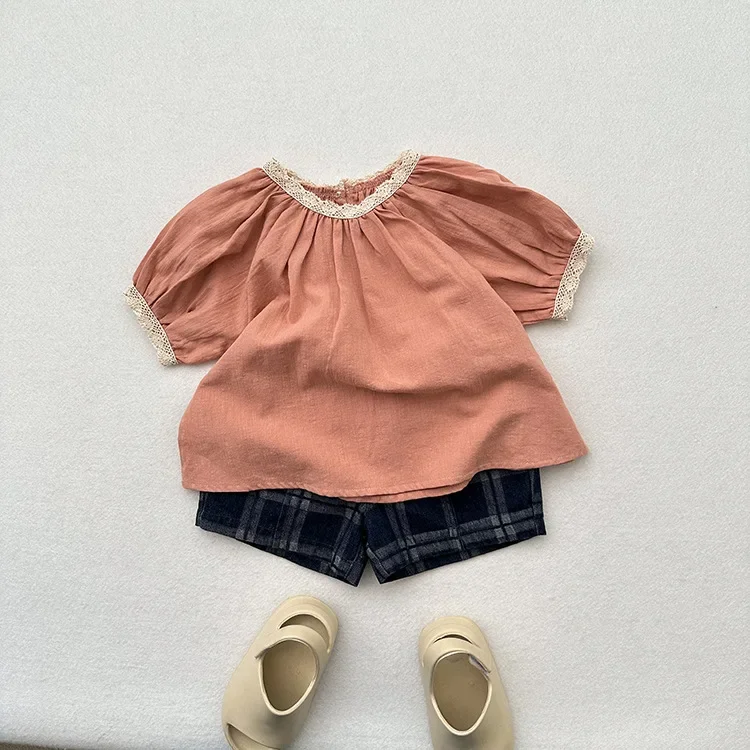 

Newborn Baby Girl Cotton Linen Shirt Lace Infant Toddler Child Breathable Short Sleeve Top Summer Spring Baby Casual Clothes1-7Y