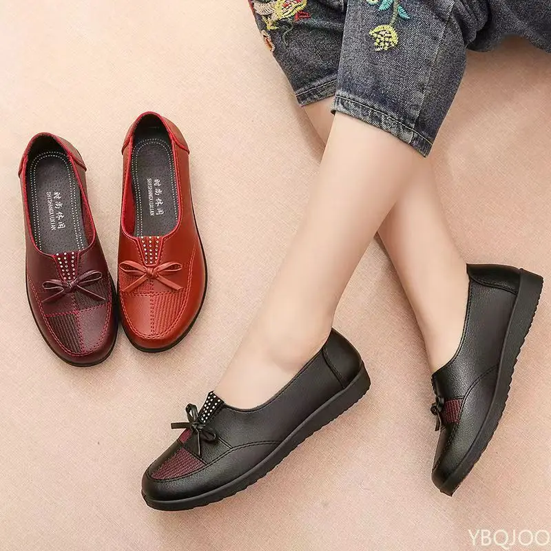 New Spring Autumn Casual Comfortable Soft soled Women's Flats Bottom Wear resistant Waterproof Bow Work Shoes