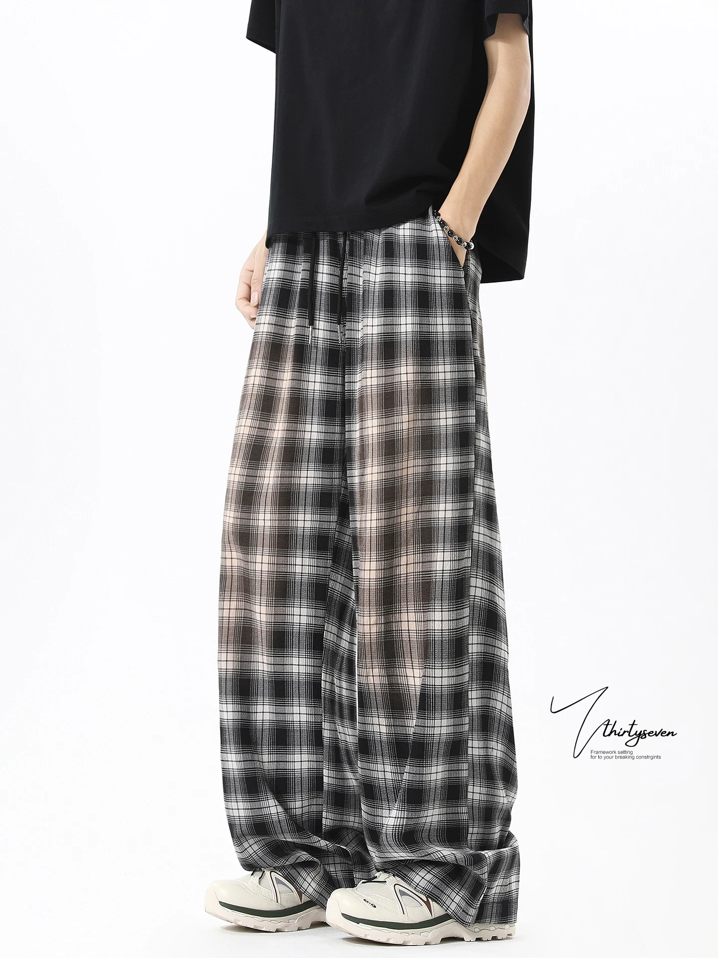 

American Sle Vintage Lazy Plaid Pants Loose Wide Leg Jazz Dance Women's Faion Casual Trousers for Men And Women