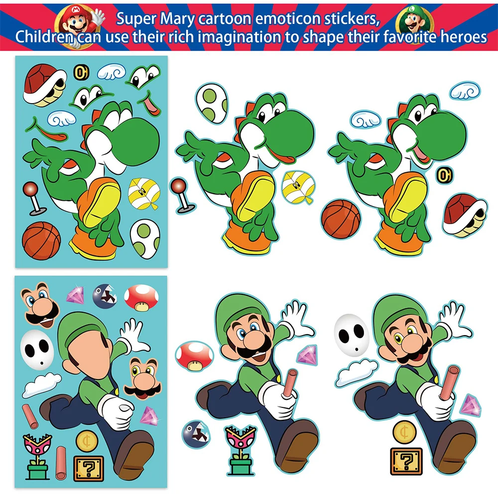 6/12 vellen Super Mario Cartoon Game Puzzel Stickers Maken een Gezicht Kinderen DIY Monteren Jigsaw Decals Speelgoed Kid verjaardagsfeestje Gift