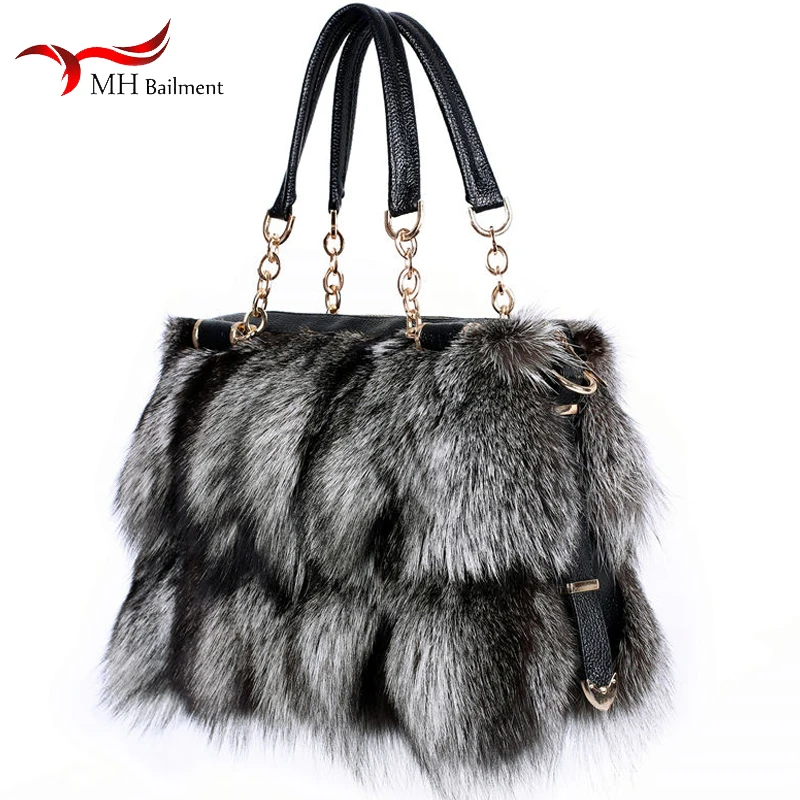 Women Fur Bag 100% Nature Silver Fox Fur Clutch Bags Winter New Designer Luxury Plush HandBag Big Shoulder Messenger Bag Lady