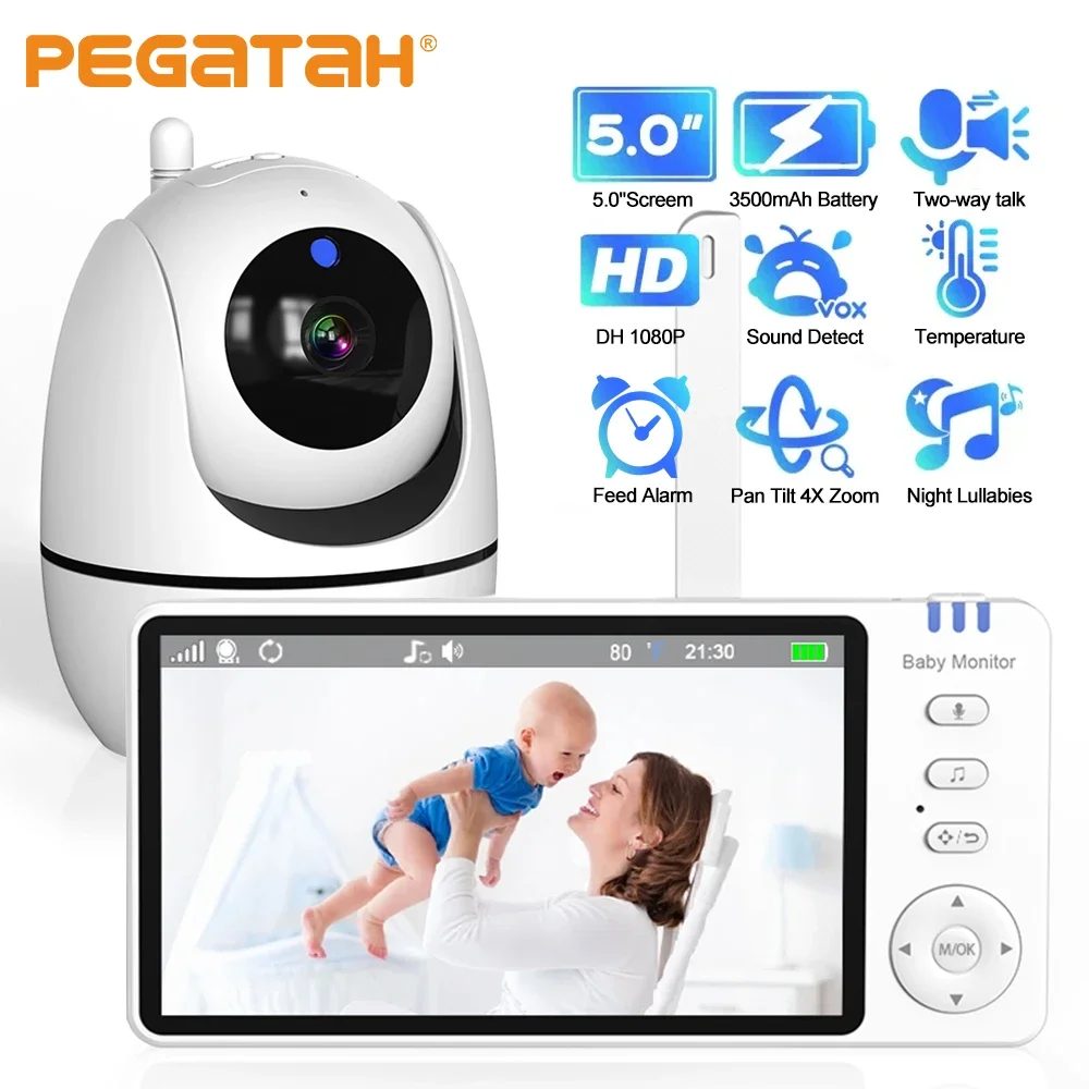 

PEGATAH New 5.0 Inch Wireless Video Baby Monitor Night Vision Temperature Monitoring 2 Way Audio Talk Baby Nanny Security Camera