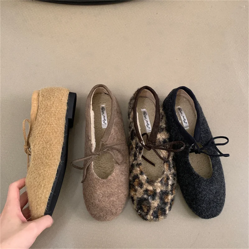 Bailmaos, piel de invierno, nuevos zapatos planos para mujer, moda, punta redonda, lazo, bailarinas sin cordones, zapatos planos suaves para mujer, vestido informal, zapatos cálidos