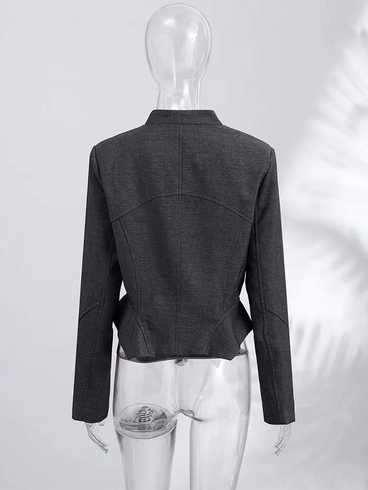 Stehkragen-Mantel mit Knöpfen und Rüschensaum, Tailliertes Damen-Jackenkleid, Elegante Langarm-Einreiher-Slim-Fit-Jacke, Neue Damenoberbekleidung – Detail 5