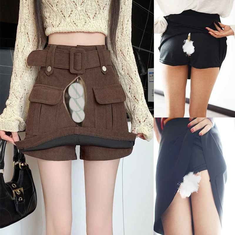 

Invisible Open Crotch Outdoor Sex Pants Vintage Corduroy Workwear Skirt Women's Shorts High Waist A- Line Sheath Skort Pantskirt