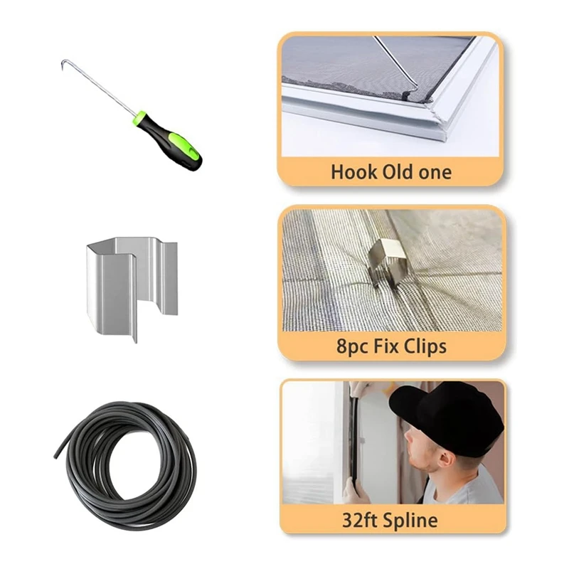 Screen Repair Kit, Screen Roller Tools,Roller With Bearing & Removal Hook & Screen Clips, Screen Spline For Install