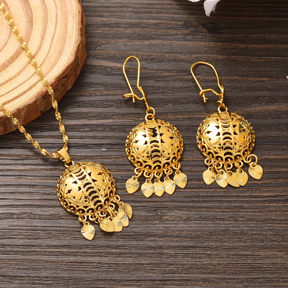 Dubai Gold Color Necklace Earring Set Party Jewelry Sets Round Gift Charms Girls Kid Jewelry