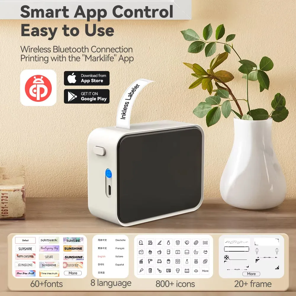 Marklife P15 Portable Thermal Label Printer Inkless Self-Adhesive Mini Sticker Maker No-Ink Label Printing Machine For Price Tags Compatible Similar To D11 / D110 / Q30 Printer
