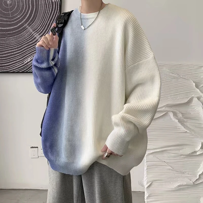 Męskie swetry z gradientem kolorów, zimowe, luźne, ciepłe, blokujące, z okrągłym dekoltem, dzianina, wygodne, w stylu japońskim, pełne żywości, szykowne, dla nastolatków, 2023