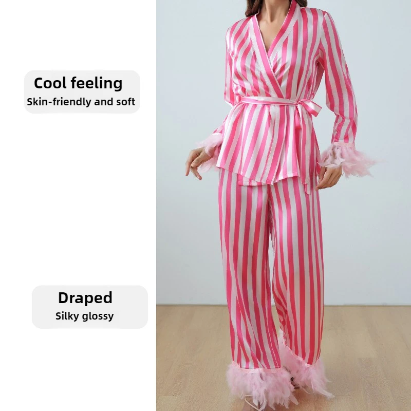 Krismile Pink Striped Women's Pajama Sets 2025 Spring Autumn Lace Up Waist Top Feathered-hem Pant Ladies Elegant Leisure Suit