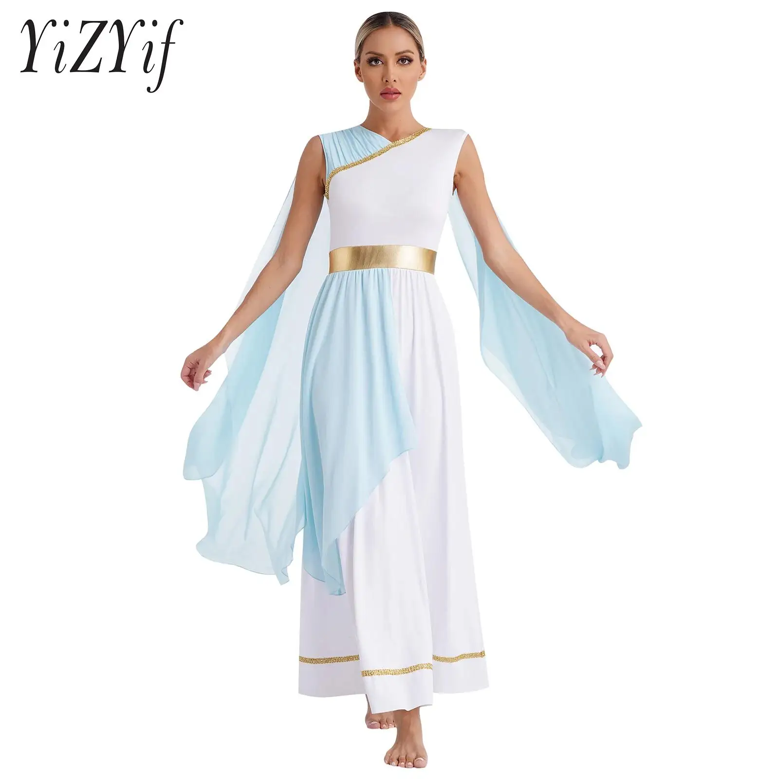 Womens Toga Costume Golden Roman Empress Long Maxi Dresses Halloween Greek Athenian Queen Princess Nobility Cosplay Dress Up