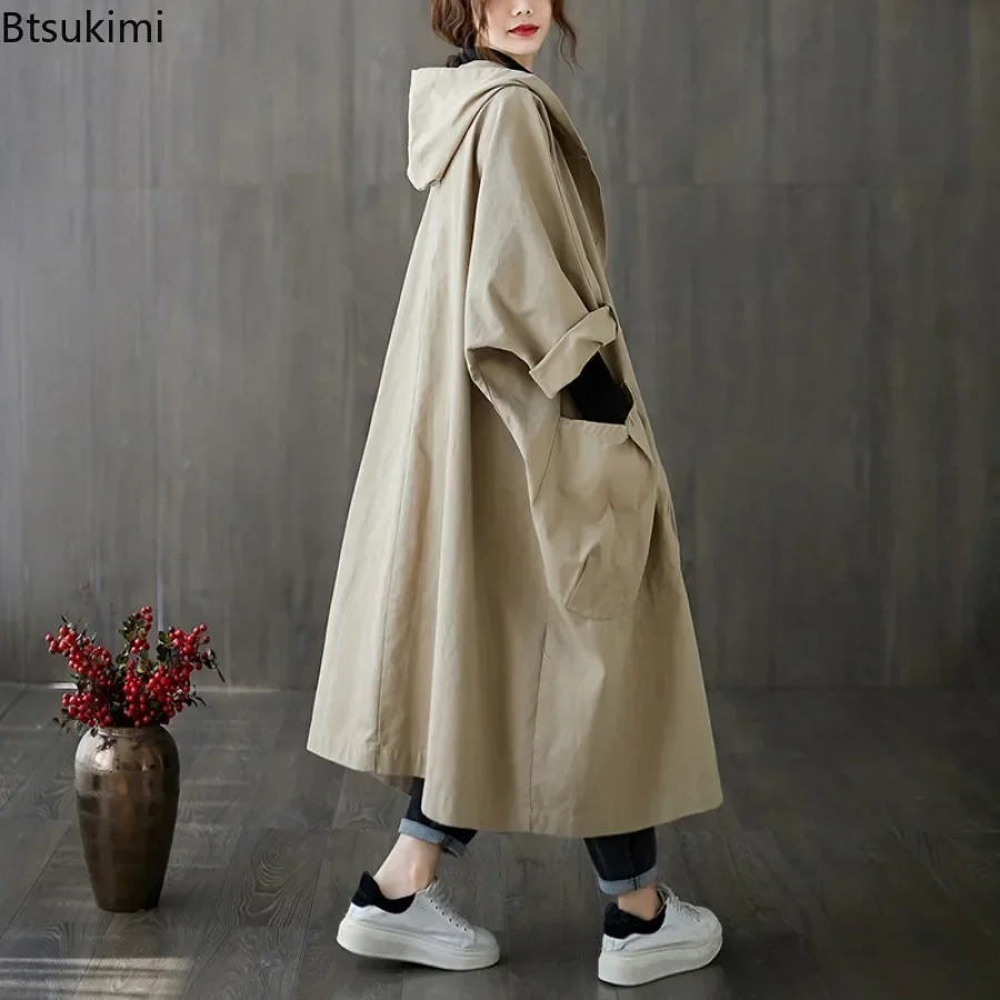 New 2024 Ladies Hooded Trench Coats Solid Loose Single-breasted Long Jacket for Daily Wear Women Windbreaker Casual Outerwear