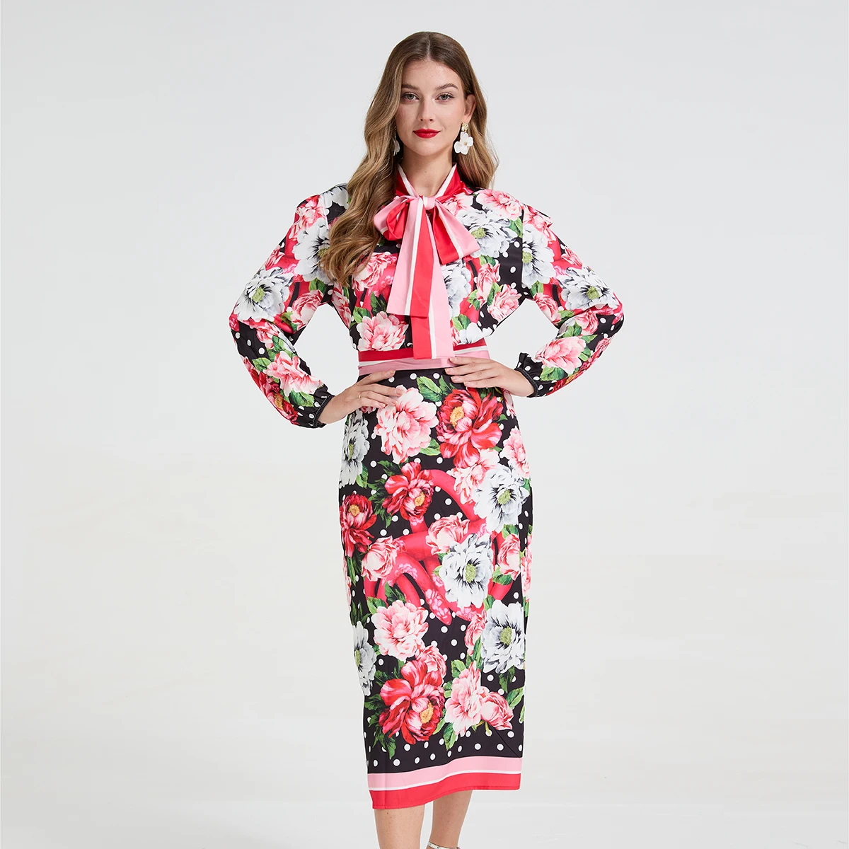 

Весенний подиум, великолепная цветочная юбка из 2 предметов, женские тонкие блузки с бантом и длинными рукавами + облегающая юбка-миди с высокой талией, уличная