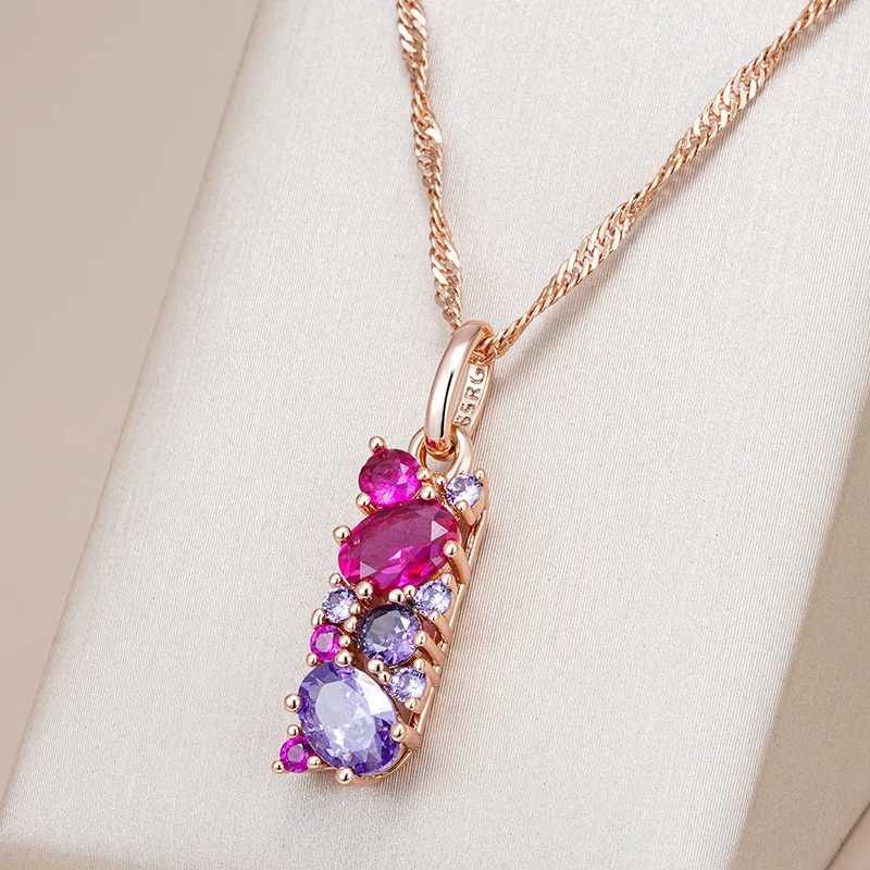 Kinel Hot Shiny Red Purple Natural Zircon Pendant Necklace for Women 585 Rose Gold Color Pendant Ethnic Daily Vintage Jewelry