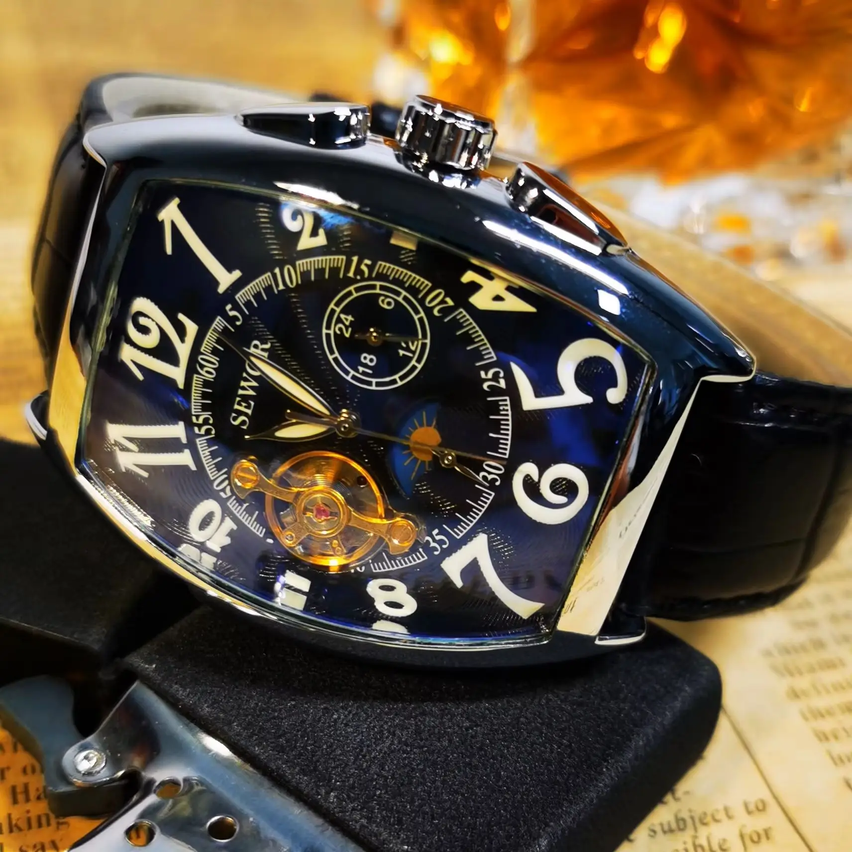 SEWOR Luxury Skeleton Automatic Mens Watch Moon Phase Tonneau Tourbillon Mechancial Watches Genuine Leather Strap Luminous Hands