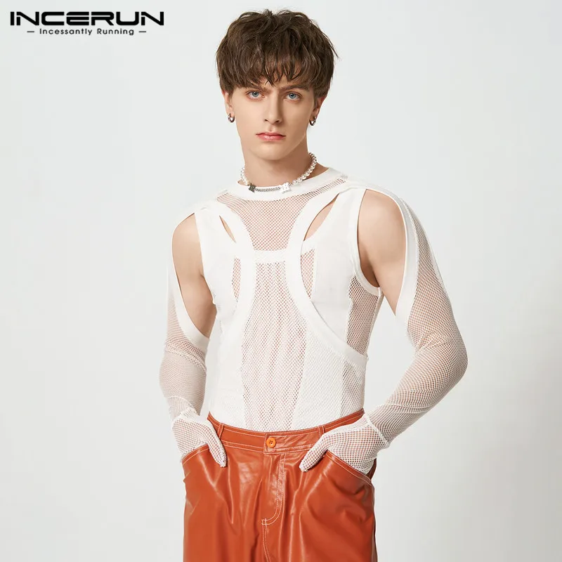 Stylish Loungewear Rompers INCERUN Men See-through Mesh Knitted Hollow Design Bodysuits Male Long Sleeve Triangle Jumpsuit S-5XL