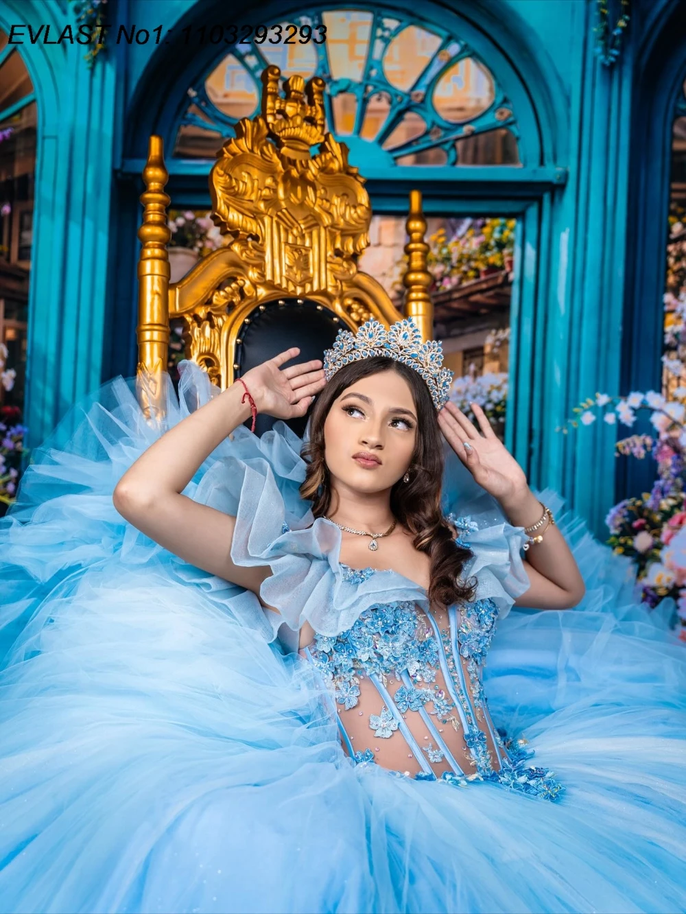 فستان Quinceanera لامع باللون الأزرق السماوي مخصص من EVLAST فستان حفلة مزين بالدانتيل مطرز بالخرز متدرج حلو 16 فيستدوس دي 15 أنوس E1QN511