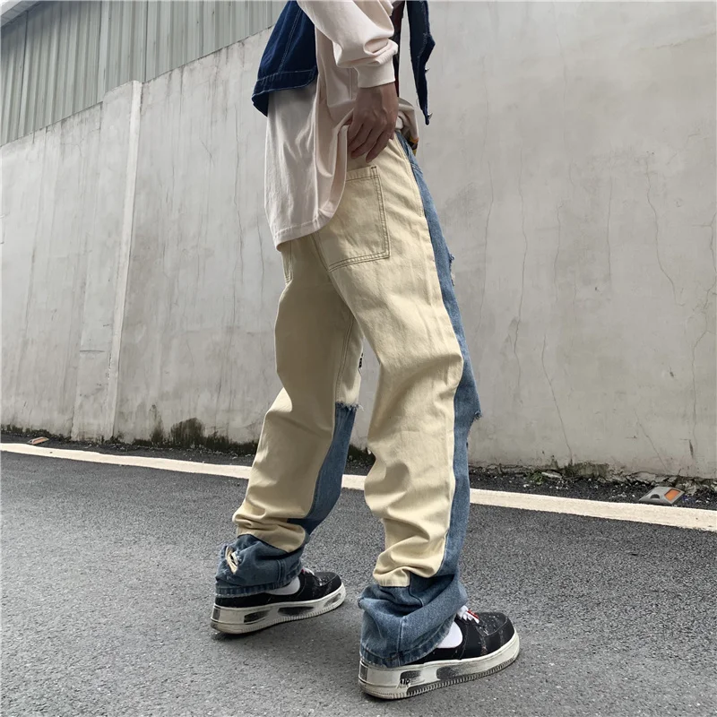 Ripped American Jeans Men's Fashion Streetwear Stitching Hip Hop Irregular Design Denim Pants 2022 Spring New Trousers 9828