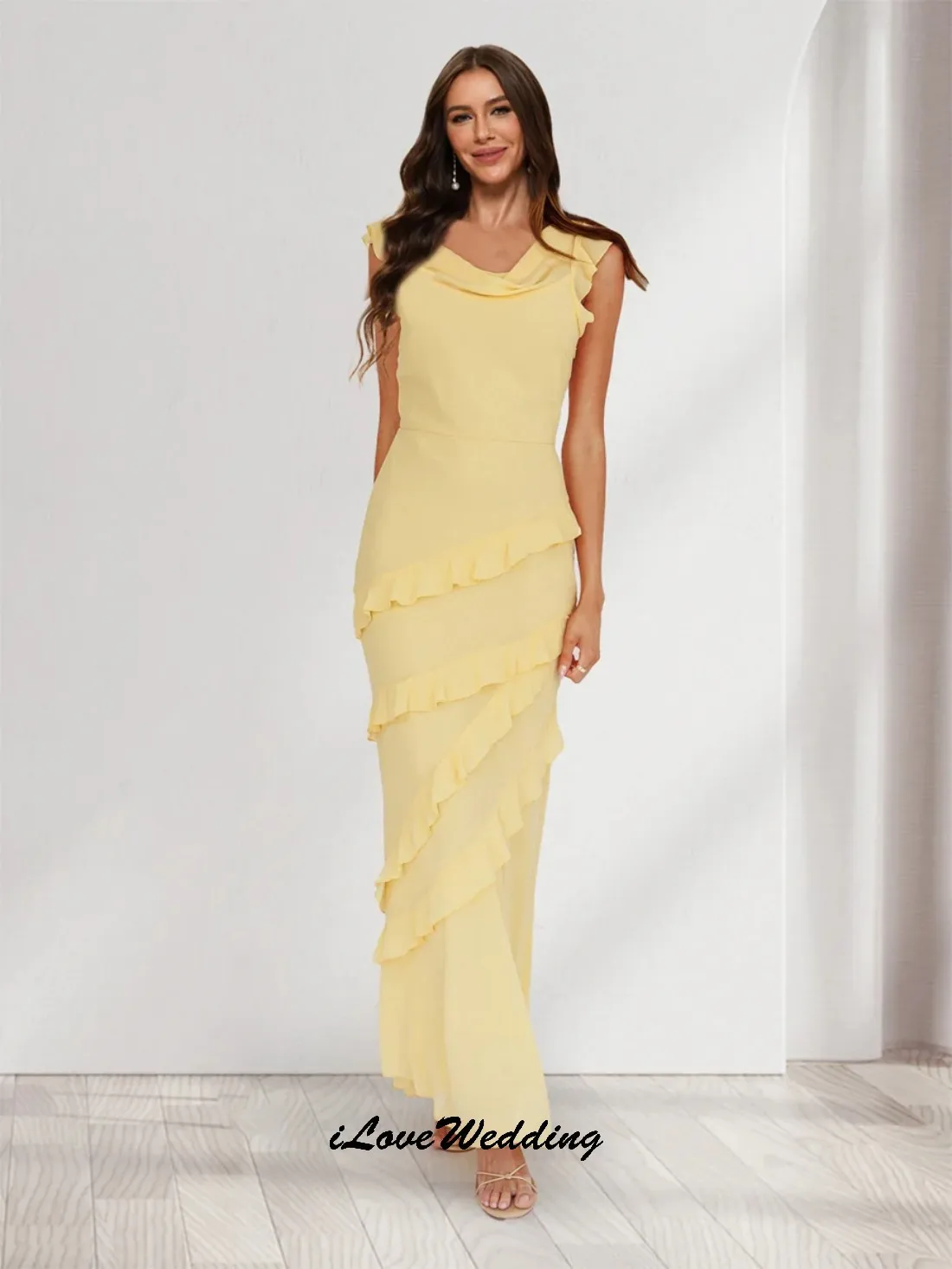 

2025 Yellow Sleeveless Chiffon Bridesmaid Dresses Elegant Wedding Party Dress For Women Ruffles Mermaid Prom Dresses Customized