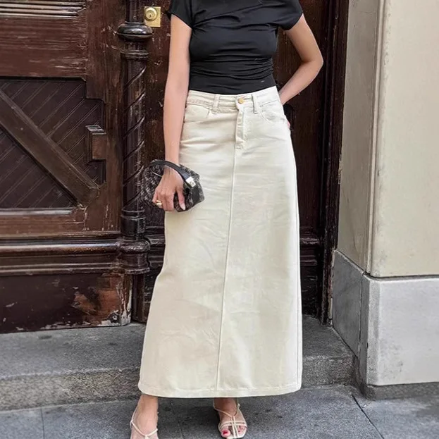 Autumn Retro Beige Straight Skirt Women's French Design Sense High Waist Split Tooling Denim Skirt Women's Clothing