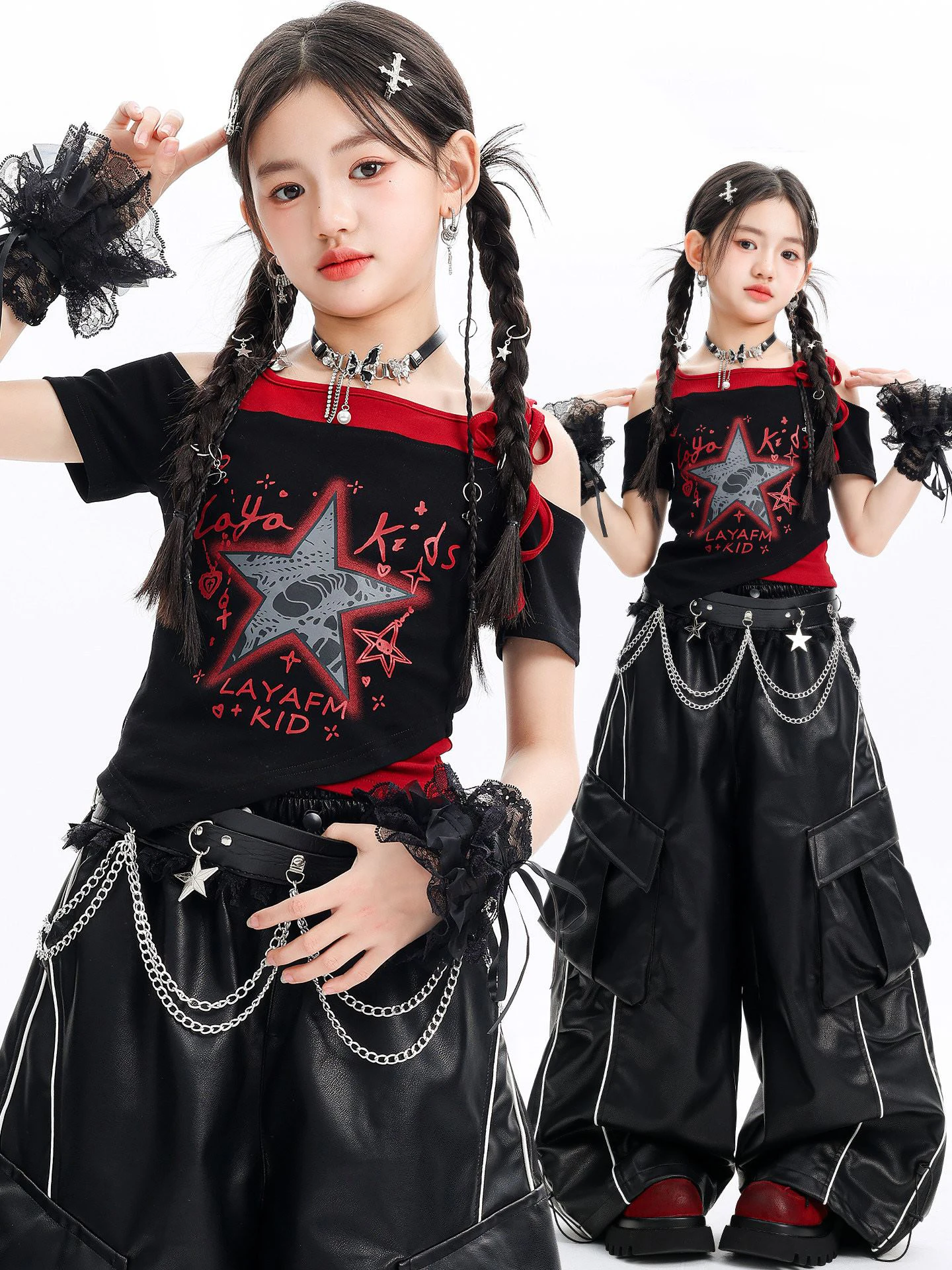 

Kpop Girls Jazz Dance Clothes Summer Short Sleeves Tops Baggt Leather Pants Hip Hop Dance Performance Suit Y2K Clothing BL18835